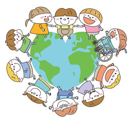 Obraz premium Children Around the Earth – Inclusive Vector Illustration with Diversity and Cute Design