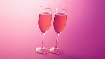 Two glasses of pink sparkling wine on a pink background.