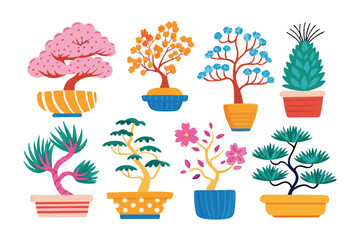 Artistic Bonsai Collection: a harmonious collection of meticulously shaped bonsai trees, each a unique masterpiece in its own right, arranged in decorative pots and displayed against a clean.