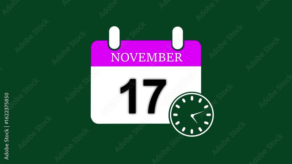Poster 17 november date calendar icon animation november month 17 date calendar icon clock animation. 17 no