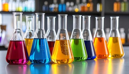 Colorful Chemicals in Erlenmeyer Flasks in a Lab