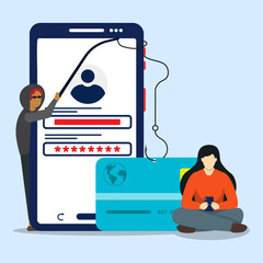 Phishing Attack Concept. Hacker Stealing User Data and Credit Card Information.