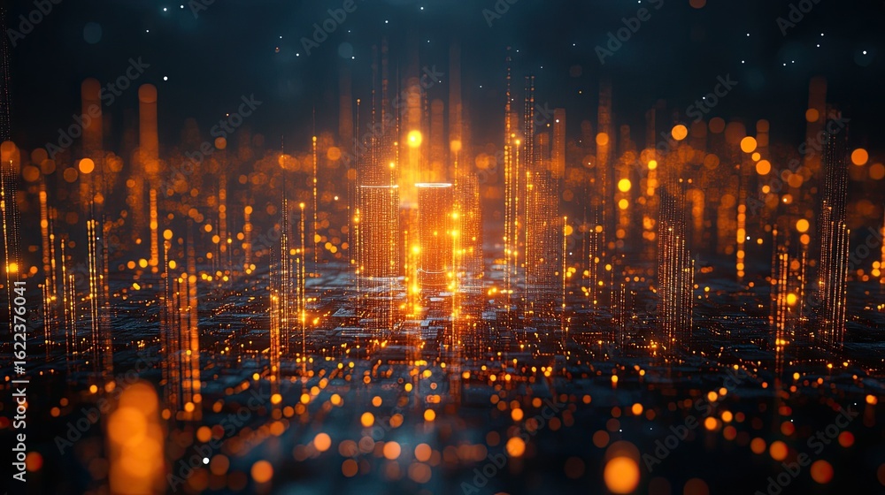 Aufkleber futuristic cityscape with glowing structures illuminated by orange light in deep space.