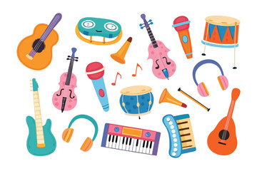 Musical Instruments Collection: A vibrant assortment of musical instruments, from guitars to drums, set against a plain backdrop, perfect for evoking the joy of music and creativity.