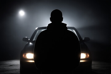 Silhouette of a man against car lights at night.