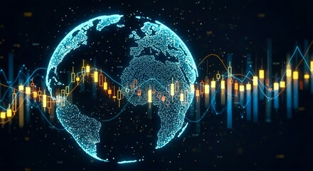 planet earth in the night, Financial market digital graph with blue neon bars and yellow lines on dark virtual background, showing stock growth and currency exchange concept. 3D Rendering