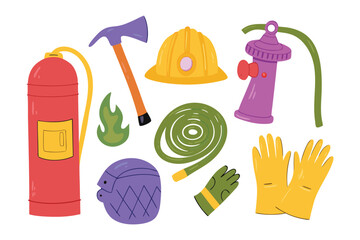 Firefighting Equipment Collection: A vibrant assortment of essential firefighting tools, meticulously arranged, representing preparedness and bravery.