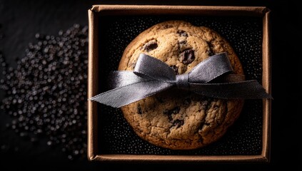 A chocolate chip cookie, nestled in a kraft box, adorned with a grey ribbon bow, sits atop a bed of dark chocolate sprinkles