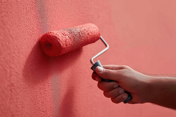 Hand holds paint roller applying vibrant coral color to interior wall surface