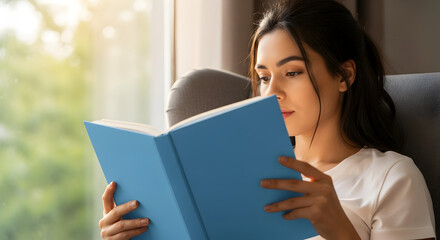 Naklejka premium Young Woman Immersed in a Book by the Window: Peaceful Reading