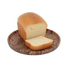 Golden bread loaf and slice on patterned wooden plate offers a comforting culinary display of