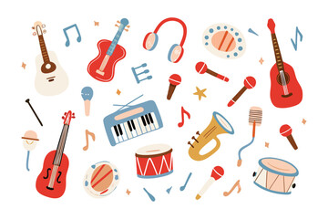 Obraz premium Harmony of Instruments: A vibrant assortment of musical instruments, including guitars, drums, and microphones, floats harmoniously, creating a joyful visual symphony.