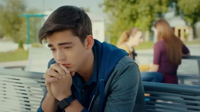 Sad teen boy sitting on bench feeling heartbroken and lonely outdoors in park, depressed student coping with emotional stress and relationship problems while peers talk in background