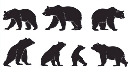 Collection of black bear silhouettes in various poses and sizes.