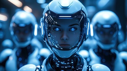 Futuristic Robots with Glowing Elements and Digital Interfaces. 