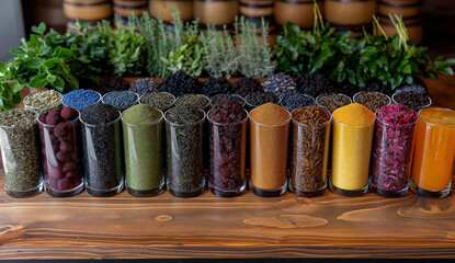 Colorful assortment of dried teas and herbs in bowls on a rustic tray, styled with berries and flowers.


