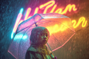 A serious little girl wearing a headscarf and holding an umbrella at night with glowing neon signs.