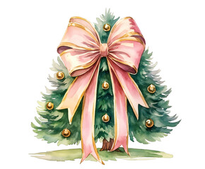 Charming Christmas tree adorned with pink bow and golden ornaments, an illustration on transparent background