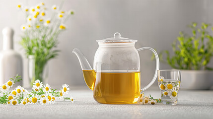 Clear teapot and cups filled with chamomile tea surrounded by fresh chamomile flowers on a light grey background.

