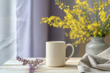White ceramic mug mockup on bright wooden desk with pastel spring floral background