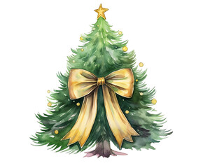 Watercolor illustration of a Christmas tree with gold ornaments and bow, festive design on transparent background