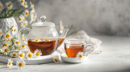 Clear teapot and cups filled with chamomile tea surrounded by fresh chamomile flowers on a light grey background.

