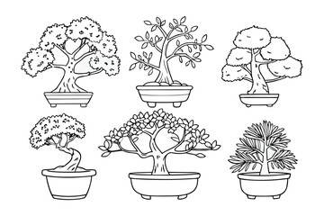 Serene Bonsai Collection: Artistic sketch of diverse bonsai trees, each uniquely shaped and potted, symbolizing patience, growth, and the beauty of cultivated nature. 