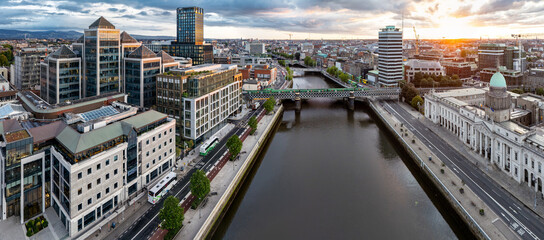 Aerial view of Dublin and river Liffey in summer, Ireland - All brands and logos removed