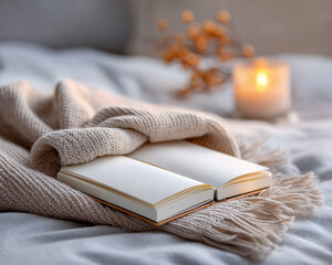 Time Management with Bullet Journal Layout. Cozy setting with an open book, candle, and soft blanket on a serene surface.