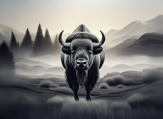 A strong bison stands prominently. Misty background with mountains and trees creates a tranquil yet powerful natural scene.