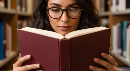 Young Woman Immersed in a Book at the Library
