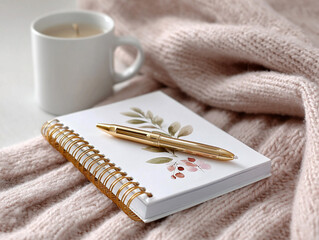 Time Management with Bullet Journal Layout. Cozy workspace with a notebook, pen, and a cup of candlelit beverage on a soft knitted blanket.