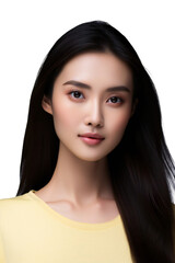 Serene Asian woman with long black hair and gentle expression, looking at the camera on transparent background