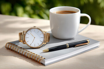 Time Management with Bullet Journal Layout. Stylish watch, coffee cup, and notebook arranged on a table for a productive morning.