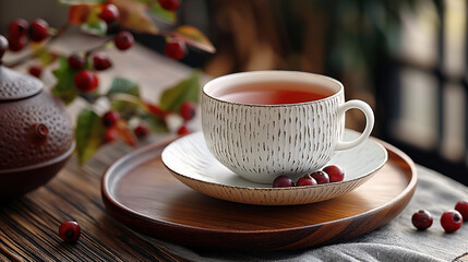 Chinese-style white teacups on rustic table in modern, elegant living room setting