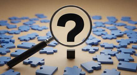 Magnifying glass with question mark over scattered blue puzzle pieces in neutral background