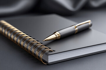 Time Management with Bullet Journal Layout. Elegant black notebook with a sleek pen resting on top, set against a textured background.