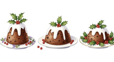 Three Christmas puddings with icing and holly on white background
