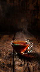 Steaming cup of hot tea on rustic wooden table in morning sunlight

