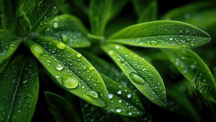 Close-up of vibrant green leaves, water droplets