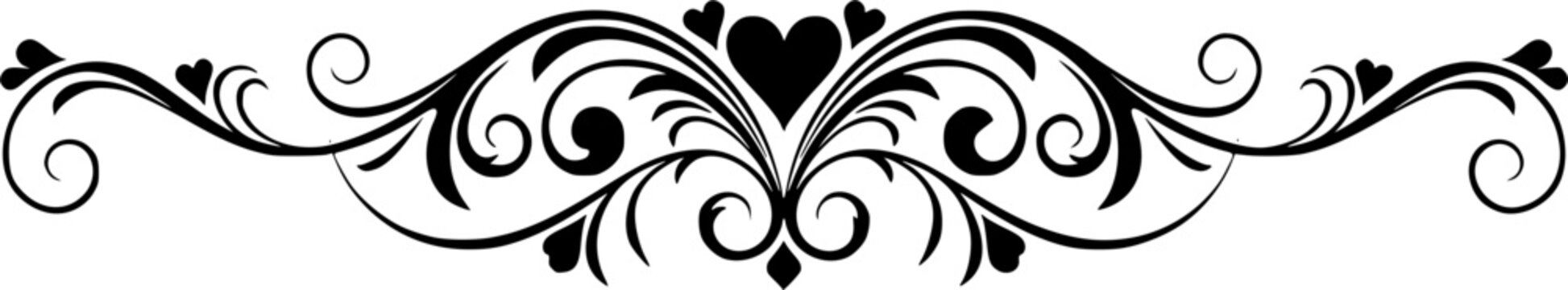 Filigree curly Calligraphic Heart, Fancy Line Flourishes Swirls hearts, curve romantic love separator, Valentines Day divider flourish Swirl, Calligraphy Flourish lettering header hearts scroll