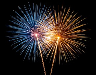 Two fireworks exploding one blue and one orange against a black backdrop