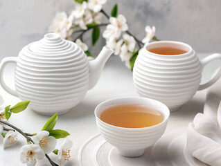 Elegant white porcelain tea set with jasmine flowers on bright minimalist table