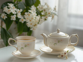 Elegant white porcelain tea set with jasmine flowers on bright minimalist table