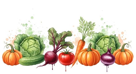 Watercolor vegetable collection with pumpkin, cabbage, beet, carrot and tomato on white background