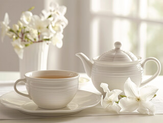 Elegant white porcelain tea set with jasmine flowers on bright minimalist table