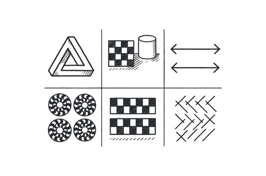 hand drawn cute doodle style line isolated on white background optical illusion (examples): Penrose triangle checker shadow Muller Lyer rotating snakes cafe Zollner lines