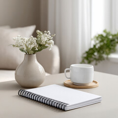 Time Management with Bullet Journal Layout. A cozy workspace with a notebook, coffee, and flowers in a stylish vase.
