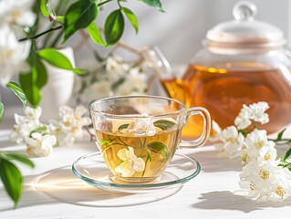Elegant white porcelain tea set with jasmine flowers on bright minimalist table