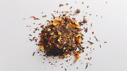 Minimal top view of loose tea and spices artistically scattered on white background, styled for natural wellness concepts.

